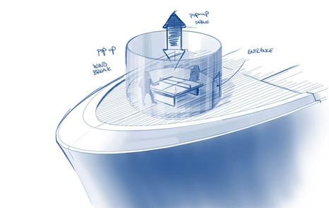 Artist impression of on deck table tennis facility surrounded by glass enclosure onboard Feadship 'Project FG' 