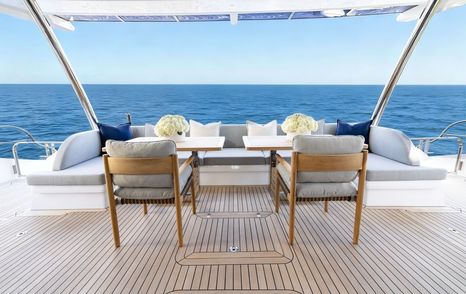 Oceanwalker S60 Catamaran aft deck with shaded alfresco dining