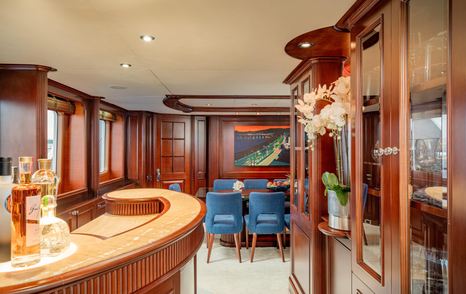 Superyacht Bang! main saloon bar area and glass cabinets 