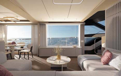 Rendering of Absolute 70 FLY Boat main saloon window and U-shaped seating
