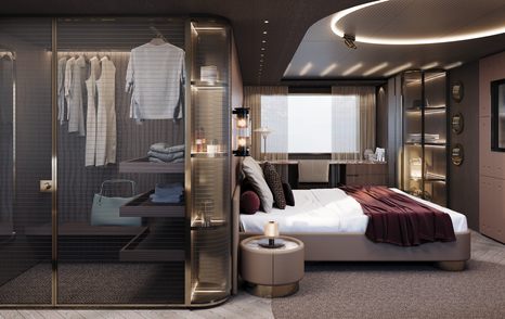 Rendering of Ocean King Explorer 34M explorer yacht master cabin with glass wardrobe and circular features