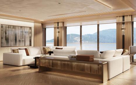 Rendering of Superyacht ICE 68 main saloon seating area