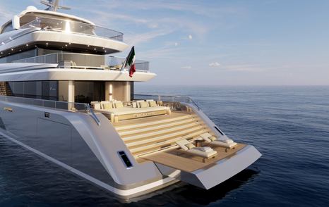Rendering of First Admiral A-40 Yacht stern with extended beach club and deck chairs