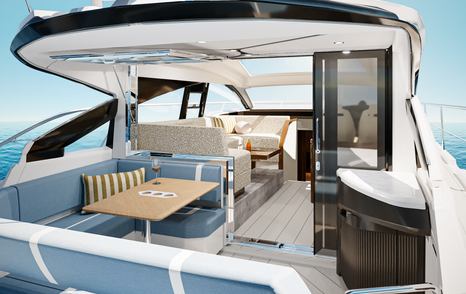 Rendering of Fairline Targa 47 GT boat aft deck with blue U-shaped seating 