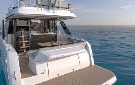 Rendering of Prestige F4.3 motor yacht aft deck with alfresco dining