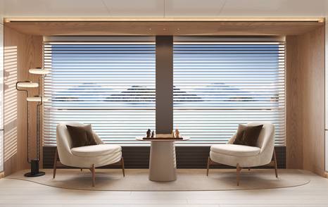 Rendering of Bering 110 explorer yacht window seats in main salon 