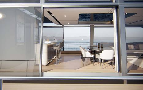 Rendering of Mangusta 165 REV motor yacht main saloon glass sliding door port side