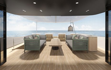 A rendering of an exterior lounge on board a Sanlorenzo SD96 luxury yacht