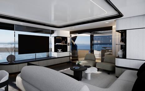 Rendering of Pearl 100 Hybrid Motor Yacht salon with mounted TV