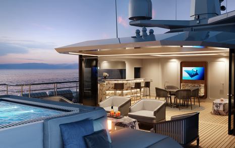 Rendering showing exterior deck space of SeaXplorer 60 including seating and Jacuzzi