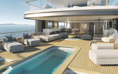 Rendering of Benetti Motopanfilo 45M motor yacht main aft deck swimming pool with surrounding sunpads 
