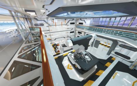 Tender storage onboard Thor Explore, with vast windows located directly above.