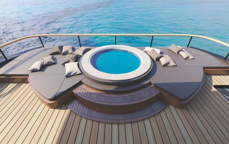 Rendering of VisionF 101 catamaran upper deck aft jacuzzi with grey sunpads 