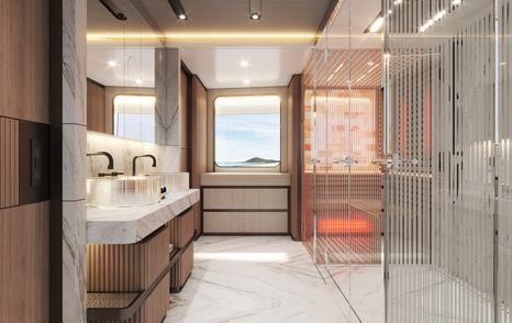 Rendering of Gulf Craft Majesty 145 Superyacht ensuite with sauna