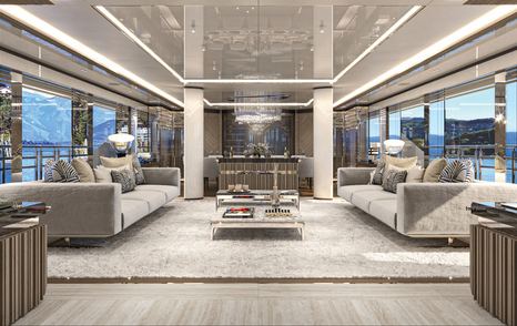 Rendering of Bilgin 163 II superyacht main saloon with grey furniture 