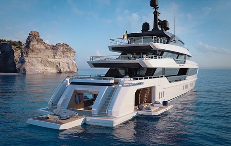 Aft view of Sanlorenzo 57Steel. Tri-fold beach club visible with sun loungers and alfresco lounge option on main deck.