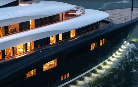 Close up of Superyacht Breakthrough superstructure at dusk
