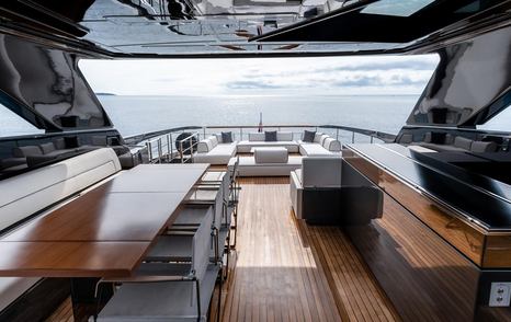 Superyacht Onyx's flybridge with sunpads and seating