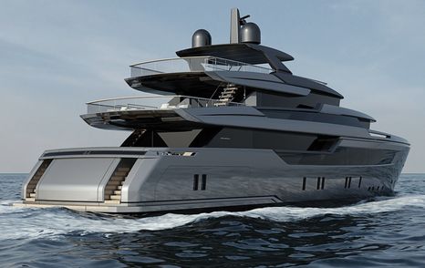 metallic grey Sanlorenzo 44Alloy yacht with three decks cruises away from the camera