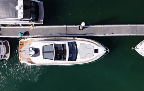 Overhead view of the Fairline Targa 47 GT alongside the dock in Ocean Village Marina