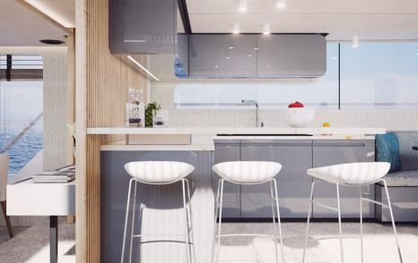 Rendering of Tecnomarine TM90 superyacht breakfast bar with white stools 