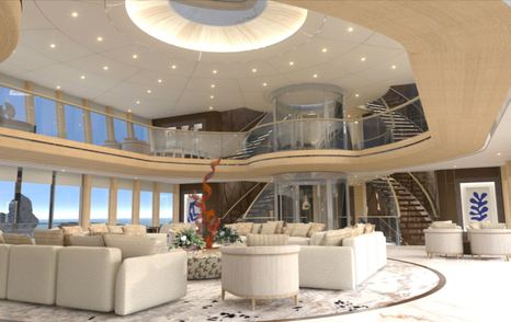 Rendering of bottom floor of two level saloon on Superyacht concept EMIR