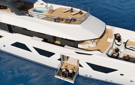 profile view of the Amels 60, with drop-down swim platform from main deck and view of pool and sun loungers on the sundeck 