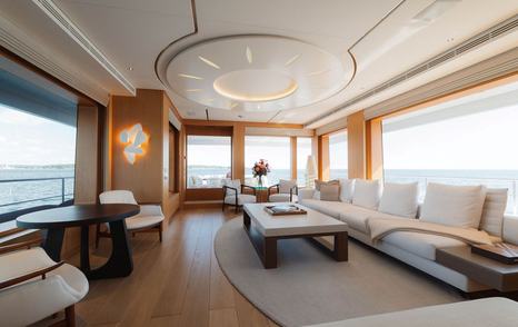 34m Feadship Superyacht Graycliffs main saloon white sofa and marbled coffee table 
