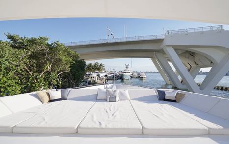 Large foredeck sunpad on the Amels 242 Casino Royale owner’s deck overlooking the bow.