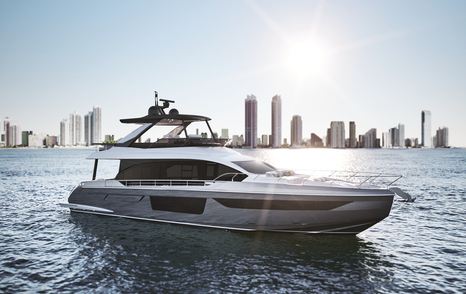 Azimut 68 rendering, with cosmopolitan skyline in background.