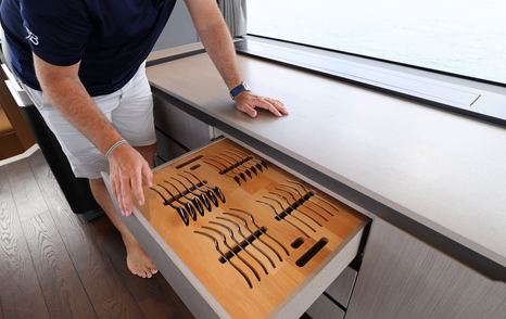 Sirena 48 galley cutlery drawer with fitted storage slots