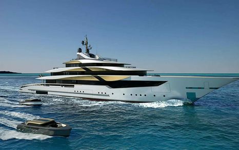 Superyacht Galileo under way next to running tenders 