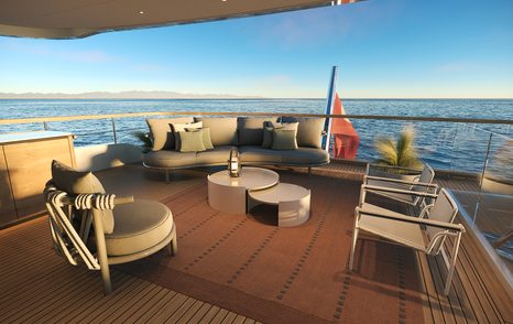 Rendering of Sirena 42M Superyacht aft deck with shaded seating 