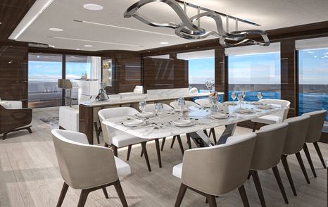 Rendering of Lazzara UHV 100 motor yacht main saloon dining area