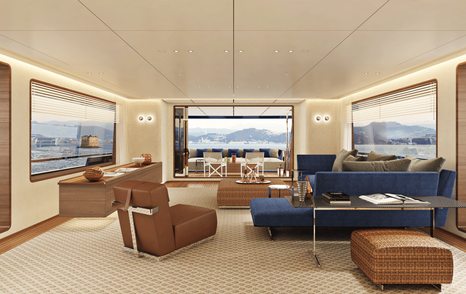 Rendering of navy blue sofa, brown armchair, white rug and large windows in the main salon of the Navetta 30 yacht 