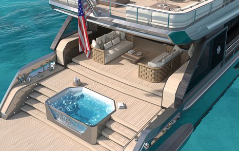 Ocean Alexander 30P yacht at anchor view of beach club 
