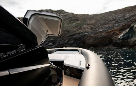 Technohull Alpha 45 dayboat bow with sunpad and seating