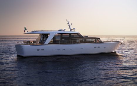 Side profile of the Sanlorenzo SHE showing its small hull windows and long foredeck