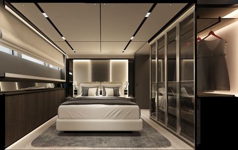 Bering 88 motor yacht master cabin with storage 