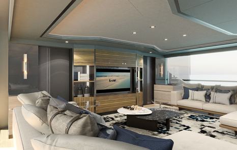 Rendering of superyacht Spitfire bunker room and seating area