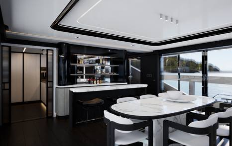 Pearl 100 Hybrid yacht saloon bar and dining area 
