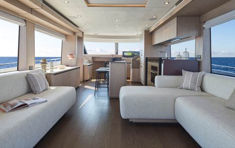 Prestige F6.7 yacht main saloon lounge and galley 
