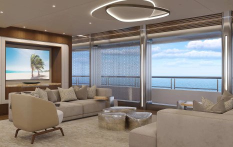 Rendering of superyacht Project Life's upper deck saloon with glass sliding doors