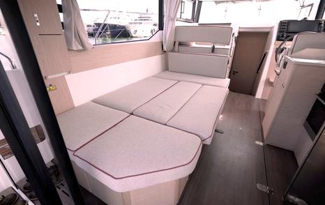 Beneteau Swift Trawler 37 Fly saloon dinette converted into a double berth