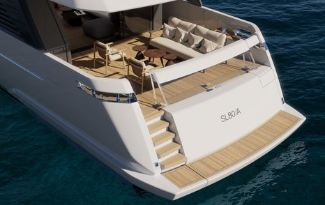 Rendering of Sanlorenzo SL80A Asymmetric motor yacht stern with aft seating and staircase on port side 