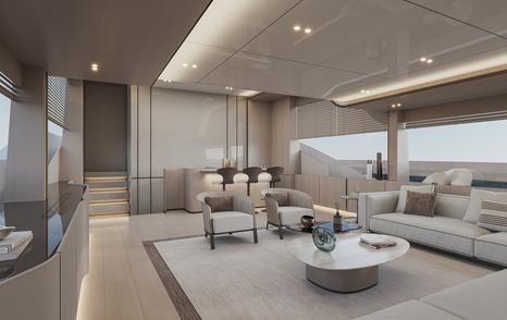 Rendering of Extra X110 Fast motor yacht  main saloon seating and nar area