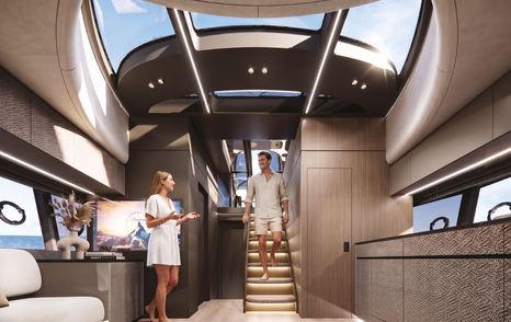 Icona 70 yacht lower saloon with ceiling glazing  