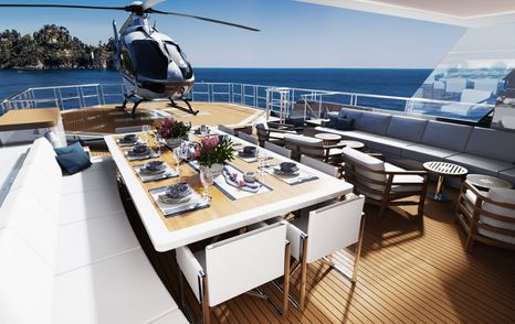 CGI of formal dining area on deck with helicopter in background