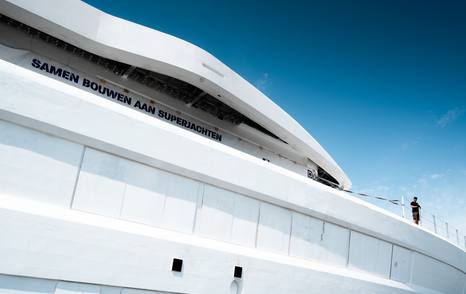 Close up of Superyacht Feadship 1015 superstructure pre-outftting