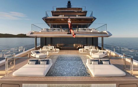Rendering of Heesen Superyacht Project Ananda aft deck swimming pool and multiple sunpads 